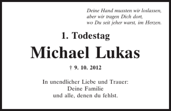 Traueranzeige von Michael Lukas von Mittelbayerische Zeitung