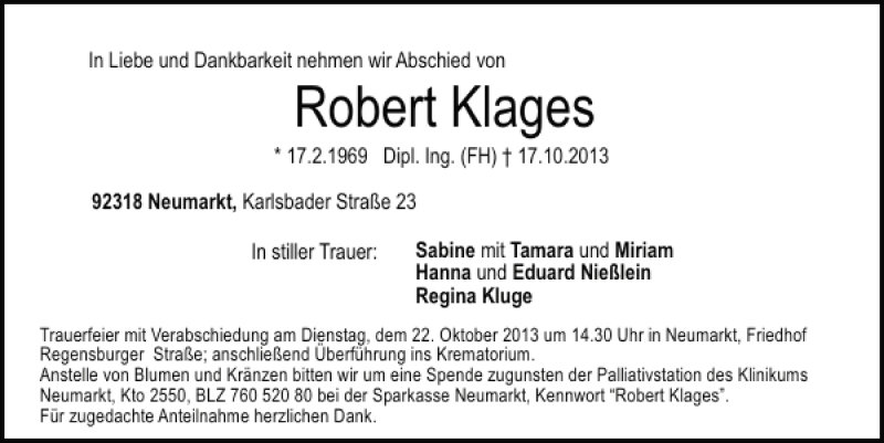  Traueranzeige für Neumarkt Robert Klages vom 19.10.2013 aus Mittelbayerische Zeitung