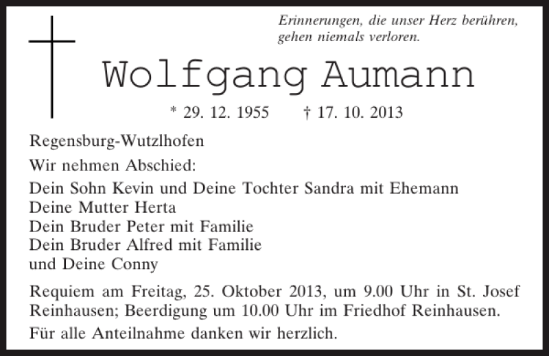  Traueranzeige für Regensburg-Wutzlhofen Wolfgang Aumann vom 23.10.2013 aus Mittelbayerische Zeitung