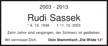 Traueranzeige von Rudi Sassek von Mittelbayerische Zeitung