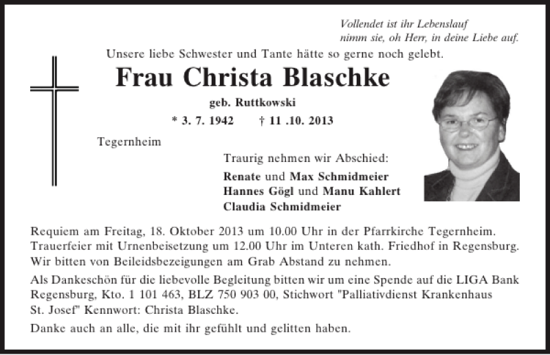  Traueranzeige für Tegernheim Christa Blaschke vom 16.10.2013 aus Mittelbayerische Zeitung