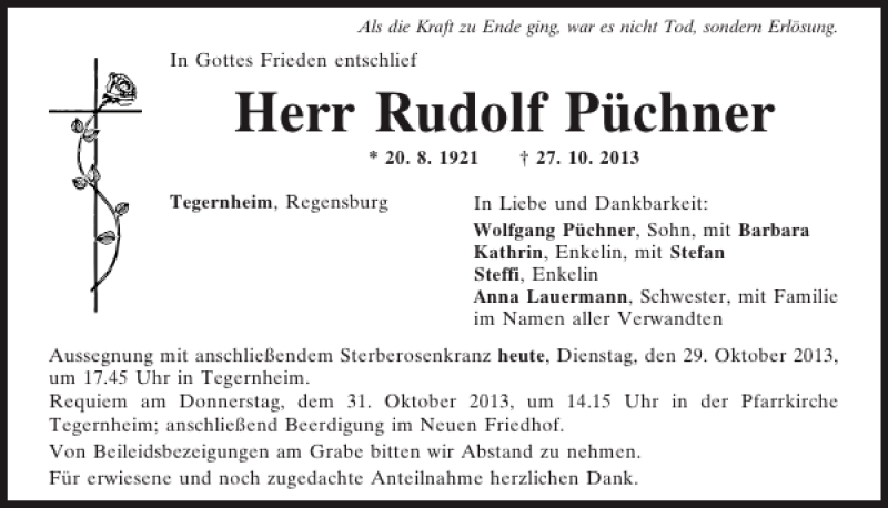  Traueranzeige für Tegernheim Rudolf Püchner vom 29.10.2013 aus Mittelbayerische Zeitung