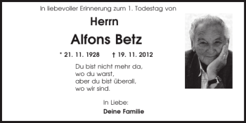 Traueranzeige von Alfons Betz von Mittelbayerische Zeitung