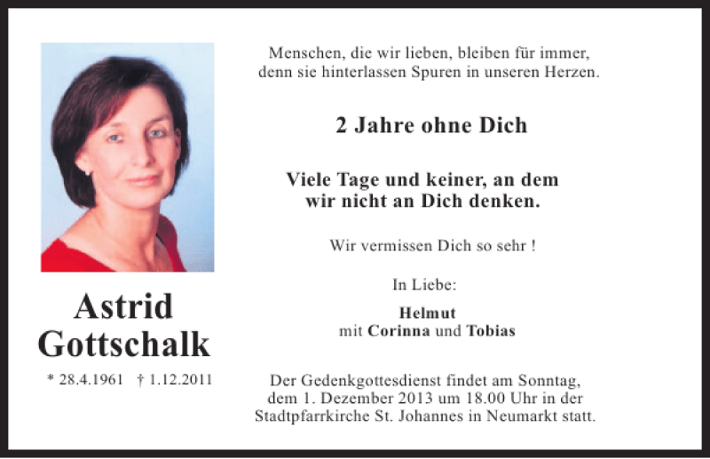  Traueranzeige für Astrid Gottschalk vom 30.11.2013 aus Mittelbayerische Zeitung