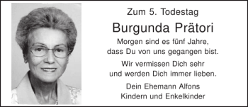 Traueranzeige von Burgunda Prätori von Mittelbayerische Zeitung