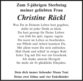 Traueranzeige von Christine Räckl von Mittelbayerische Zeitung