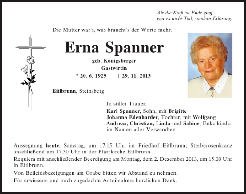  Traueranzeige für Eitlbrunn Erna Spanner vom 30.11.2013 aus Mittelbayerische Zeitung