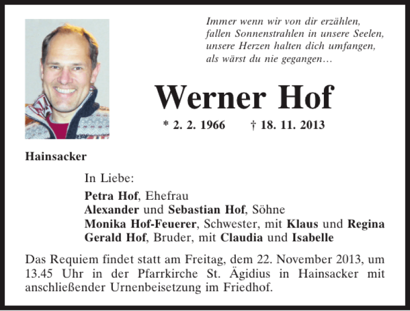  Traueranzeige für Hainsacker Werner Hof vom 20.11.2013 aus Mittelbayerische Zeitung