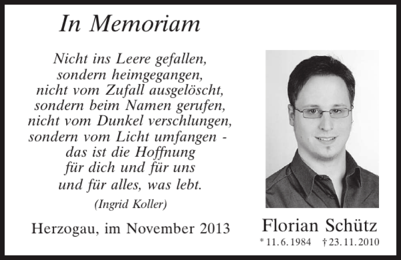  Traueranzeige für Herzogau Florian Schütz vom 23.11.2013 aus Mittelbayerische Zeitung