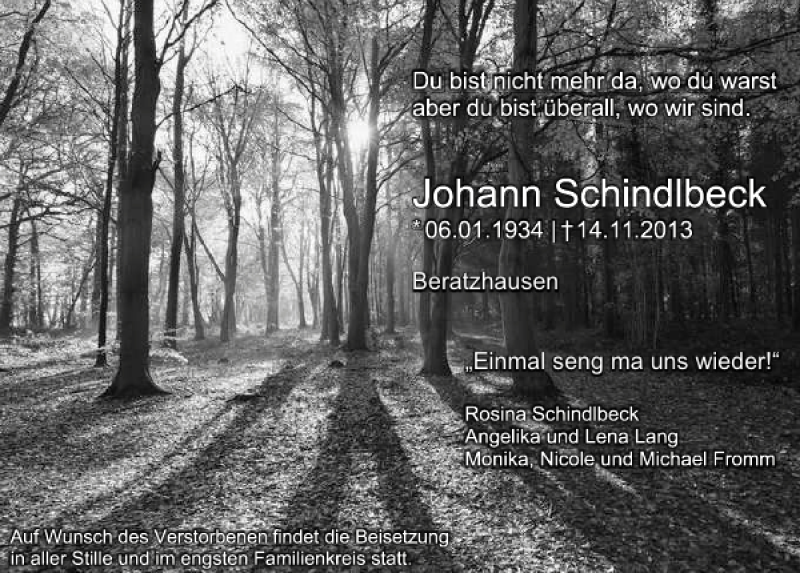  Traueranzeige für Johann Schindlbeck vom 23.11.2013 aus Mittelbayerische Zeitung