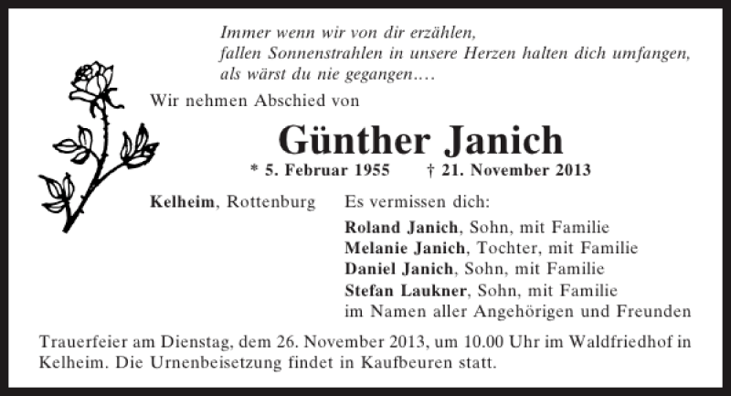  Traueranzeige für Kelheim Günther Janich vom 23.11.2013 aus Mittelbayerische Zeitung