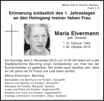 Traueranzeige von Maria Elvermann von Mittelbayerische Zeitung