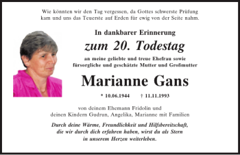 Traueranzeige von Marianna Gans von Mittelbayerische Zeitung