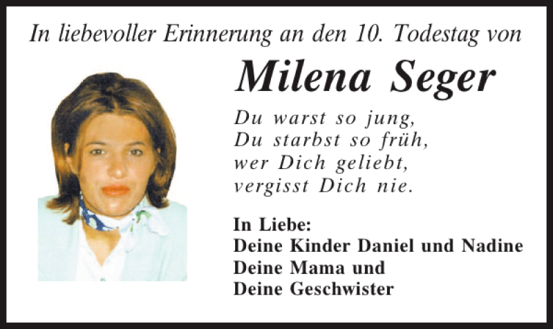  Traueranzeige für Milena Seger vom 30.11.2013 aus Mittelbayerische Zeitung