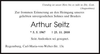 Traueranzeige von Regensburg Arthur Seitz von Mittelbayerische Zeitung