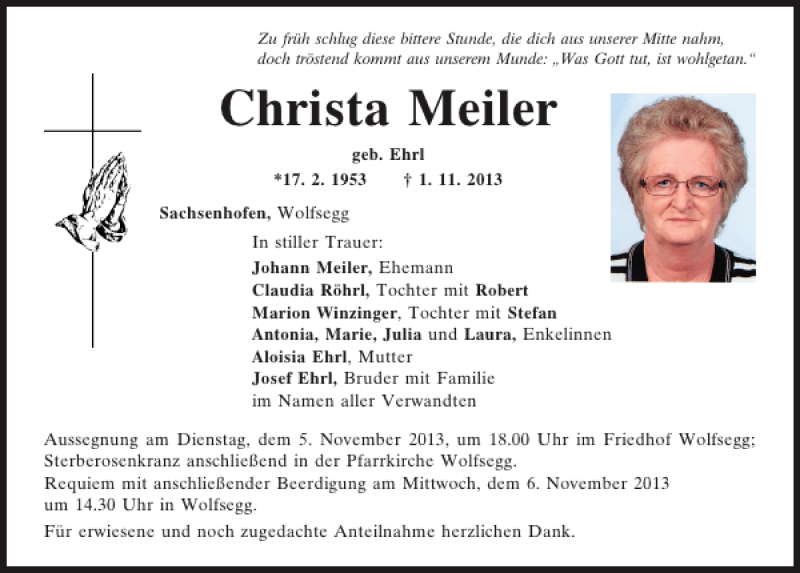  Traueranzeige für Sachsenhofen Christa Meiler vom 04.11.2013 aus Mittelbayerische Zeitung