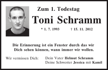 Traueranzeige von Toni Schramm von Mittelbayerische Zeitung