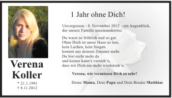 Traueranzeige von Verena Koller von Mittelbayerische Zeitung