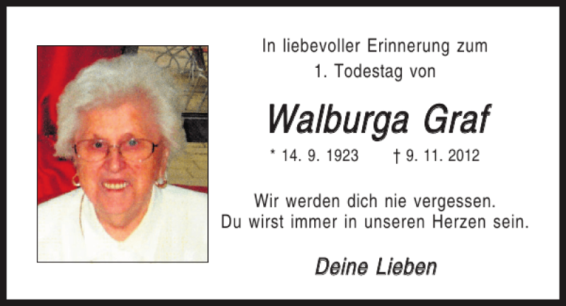  Traueranzeige für Walburga Graf vom 09.11.2013 aus Mittelbayerische Zeitung