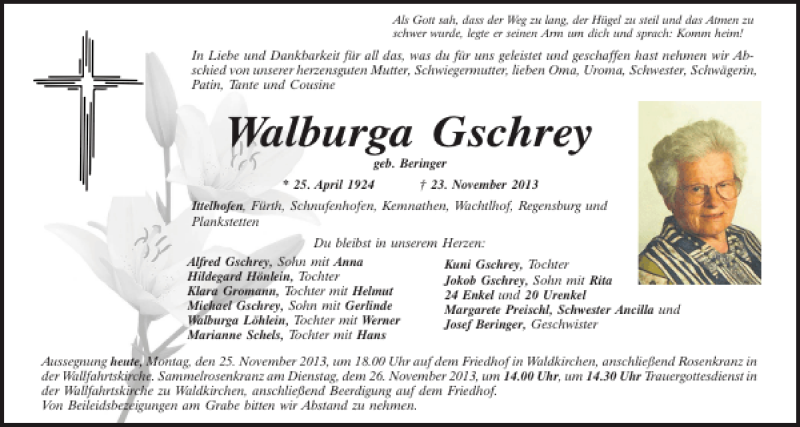  Traueranzeige für Walburga Gschrey vom 25.11.2013 aus Mittelbayerische Zeitung