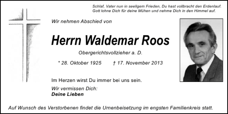  Traueranzeige für Waldemar Roos vom 19.11.2013 aus Mittelbayerische Zeitung