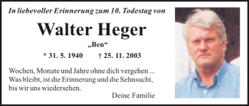 Traueranzeige von Walter Heger von Mittelbayerische Zeitung