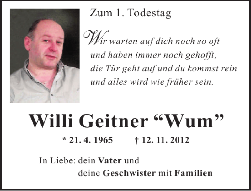  Traueranzeige für Willi Geitner Wum vom 12.11.2013 aus Mittelbayerische Zeitung