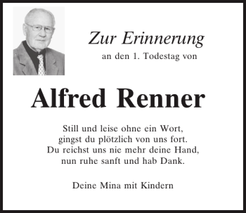 Traueranzeige von Alfred Renner von Mittelbayerische Zeitung