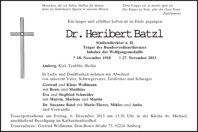  Traueranzeige für Amberg Dr. Heribert Batzl vom 03.12.2013 aus Mittelbayerische Zeitung