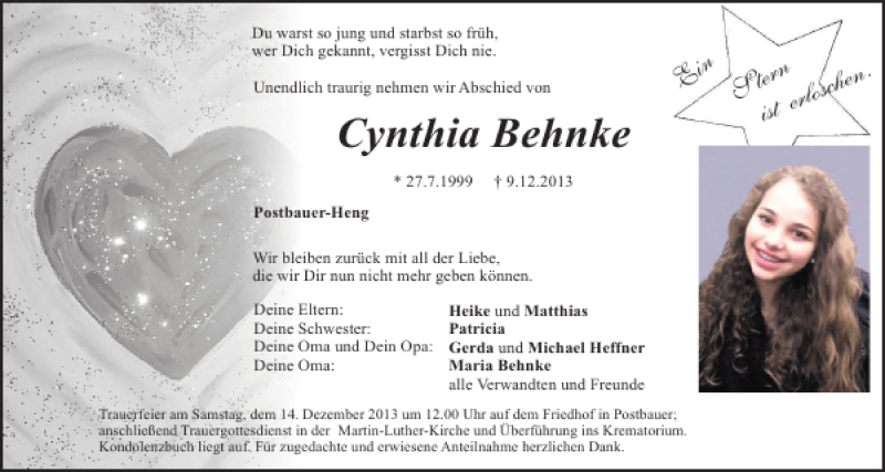  Traueranzeige für Cynthia Behnke vom 12.12.2013 aus Mittelbayerische Zeitung