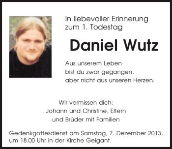 Traueranzeige von Daniel Wutz von Mittelbayerische Zeitung
