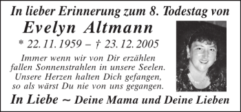 Traueranzeige von Evelyn Altmann von Mittelbayerische Zeitung
