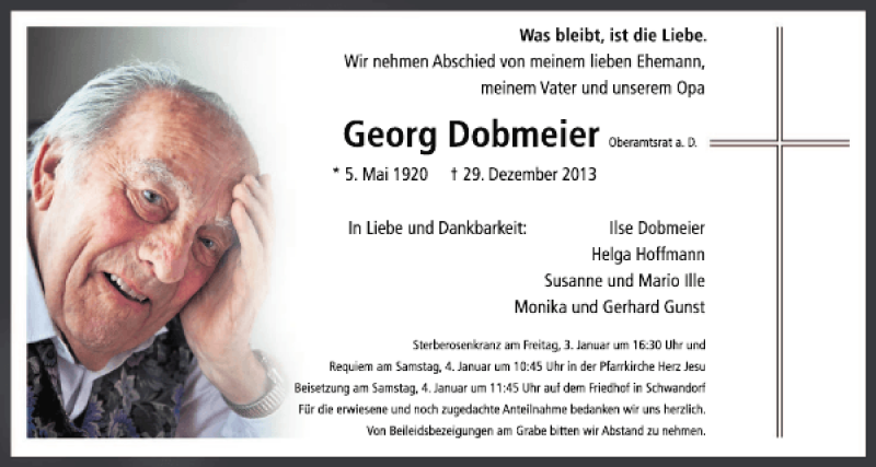  Traueranzeige für Georg Dobmeier vom 31.12.2013 aus Mittelbayerische Zeitung