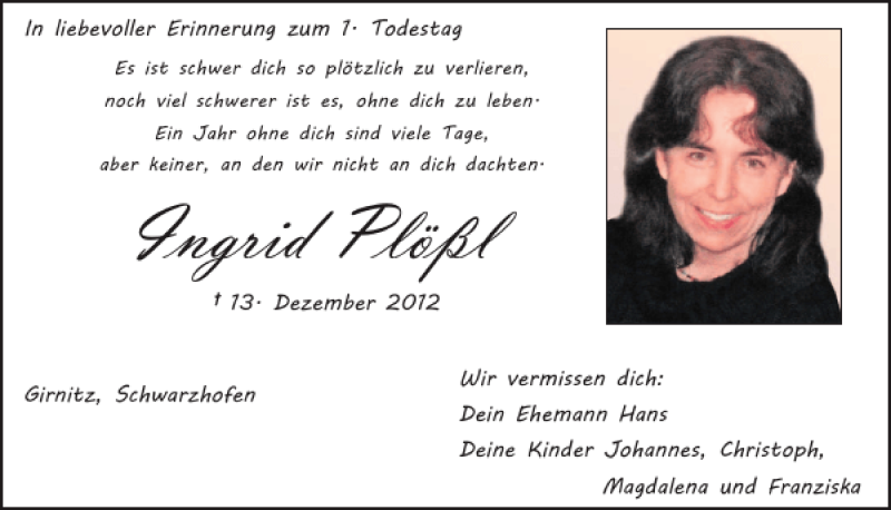  Traueranzeige für Girnitz Ingrid Plößl vom 13.12.2013 aus Mittelbayerische Zeitung
