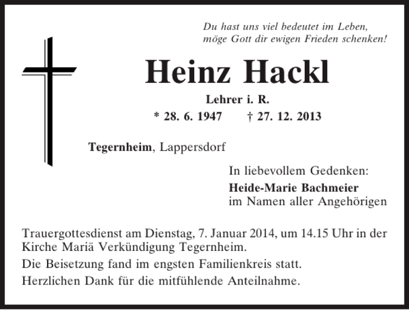  Traueranzeige für Heinz Hackl vom 31.12.2013 aus Mittelbayerische Zeitung