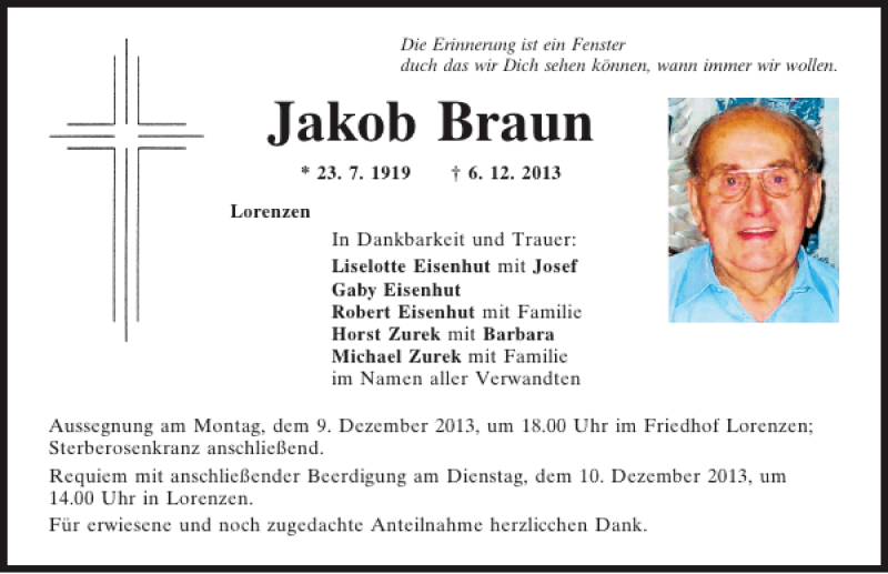  Traueranzeige für Jakob Braun vom 07.12.2013 aus Mittelbayerische Zeitung