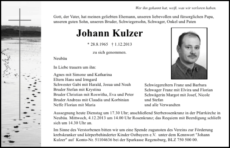  Traueranzeige für Johann Kulzer vom 03.12.2013 aus Mittelbayerische Zeitung