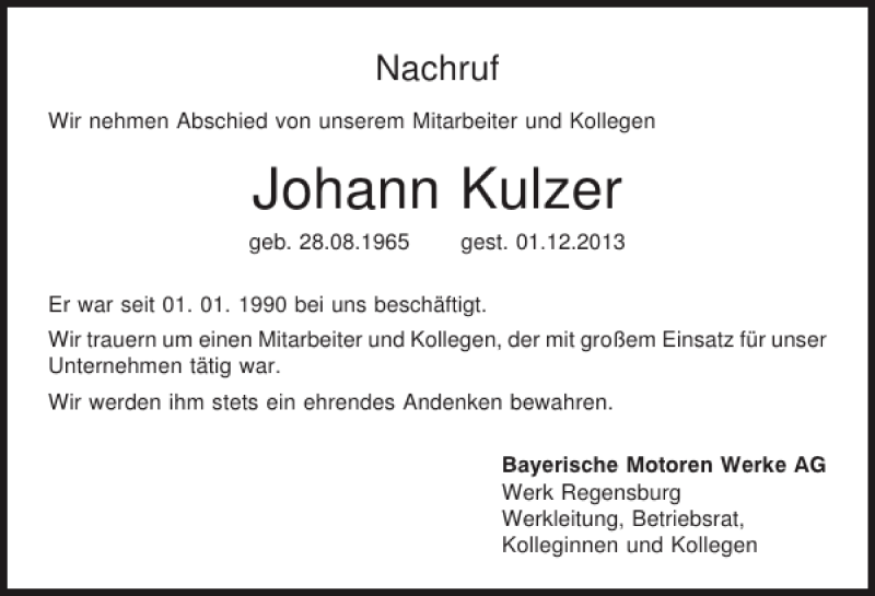  Traueranzeige für Johann Kulzer vom 04.12.2013 aus Mittelbayerische Zeitung