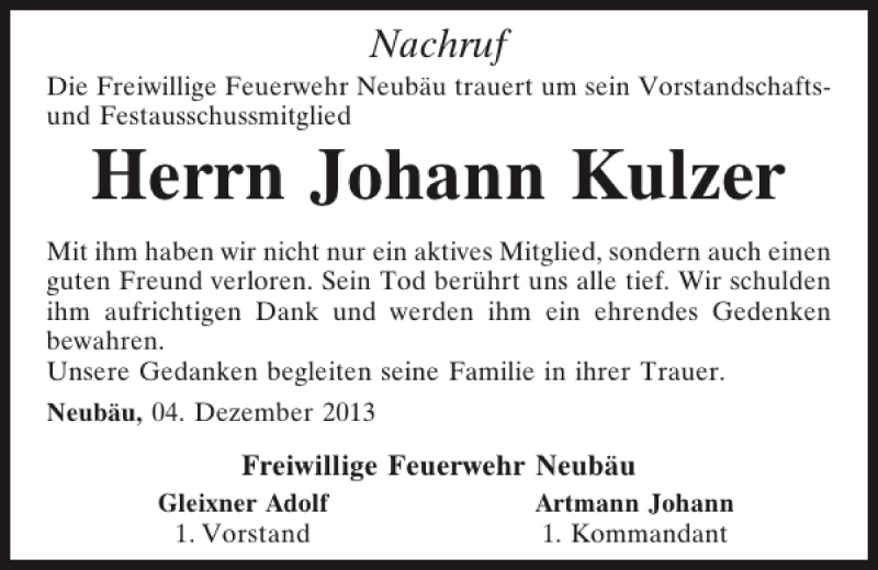  Traueranzeige für Johann Kulzer vom 04.12.2013 aus Mittelbayerische Zeitung