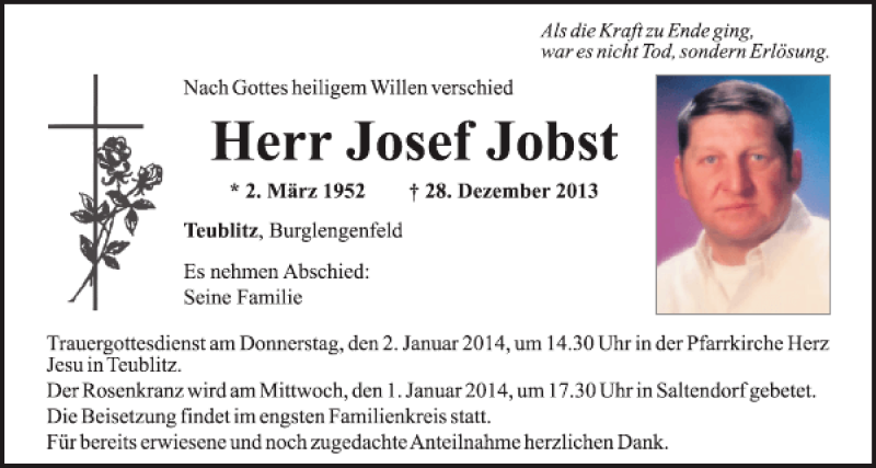  Traueranzeige für Josef Jobst vom 31.12.2013 aus Mittelbayerische Zeitung