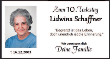 Traueranzeige von Lidwina Schaffner von Mittelbayerische Zeitung