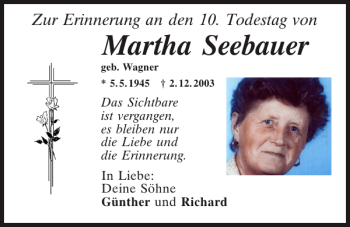 Traueranzeige von Martha Seebauer von Mittelbayerische Zeitung