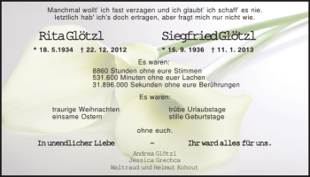 Traueranzeige von Rita Glötzl und Siegfried Glötzl von Mittelbayerische Zeitung