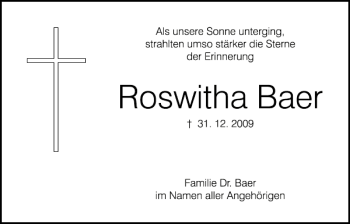 Traueranzeige von Roswitha Baer von Mittelbayerische Zeitung