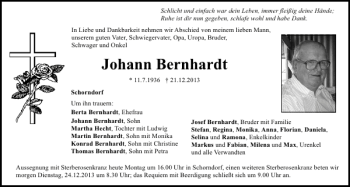 Traueranzeige von Schorndorf Johann Bernhardt von Mittelbayerische Zeitung