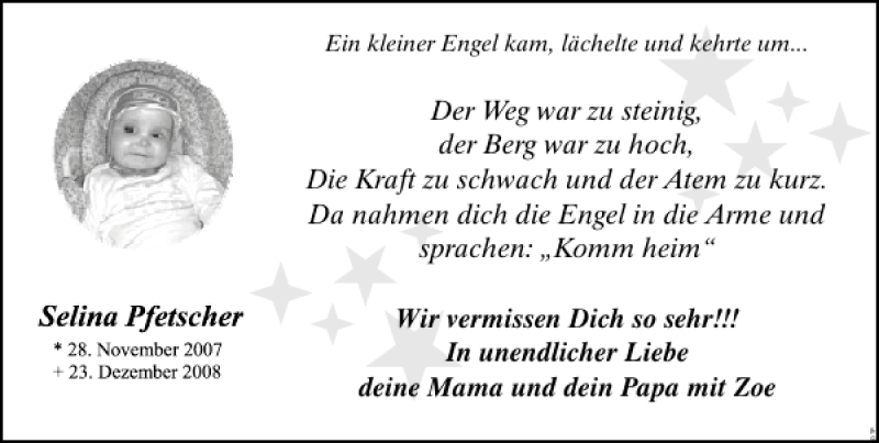  Traueranzeige für Selina Pfetscher vom 23.12.2013 aus Mittelbayerische Zeitung