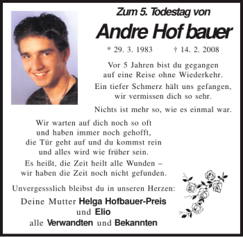 Traueranzeige von Andre Hofbauer von Mittelbayerische Zeitung