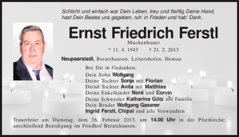 Traueranzeigen von Ernst Friedrich Ferstl Mittelbayerische Trauer