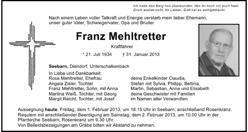  Traueranzeige für Franz Mehltretter vom 01.02.2013 aus Mittelbayerische Zeitung