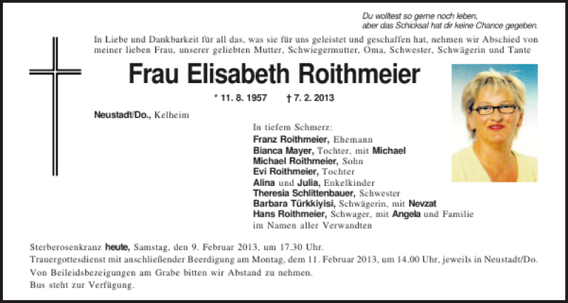  Traueranzeige für Frau Elisabeth Roithmeier vom 09.02.2013 aus Mittelbayerische Zeitung